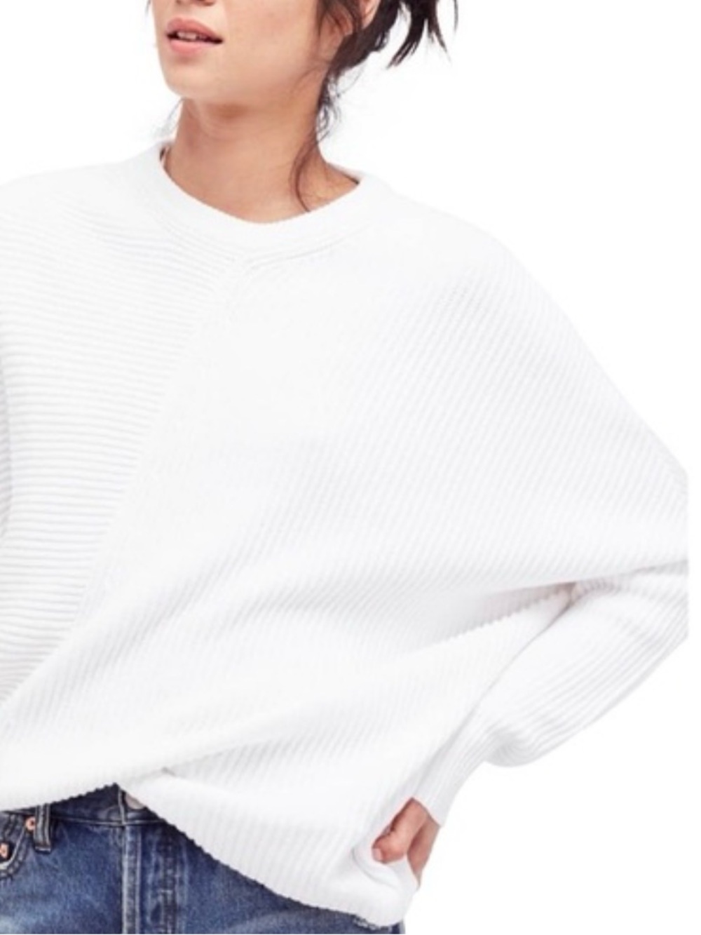0258 Free People Down town White Ribbed Crewneck Sweater